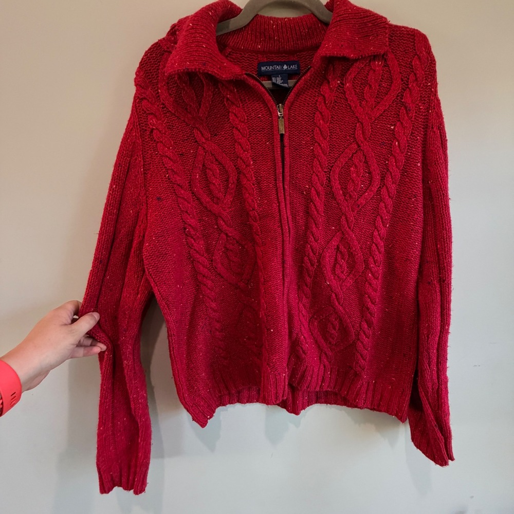 VTG Mountain Lake Zip Up Sweater Women L Red Cable Knit Cottagecore Grannycore
